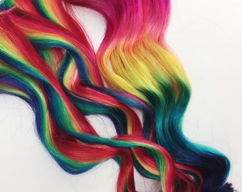 Rainbow Human Hair Extensions. Colored Hair Extension Clip, Hair Wefts, Clip in Hair, Tie Dye Hair Extensions, Dip Dyed Hair