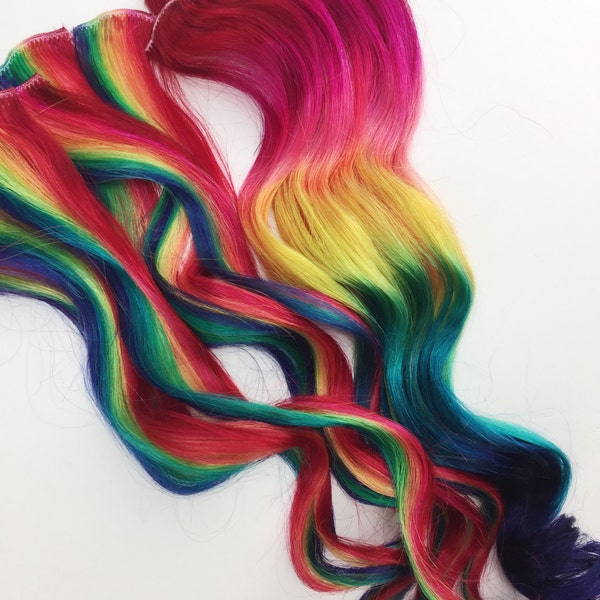 Rainbow Human Hair Extensions. Colored Hair Extension Clip, Hair Wefts, Clip in Hair, Tie Dye Hair Extensions, Dip Dyed Hair