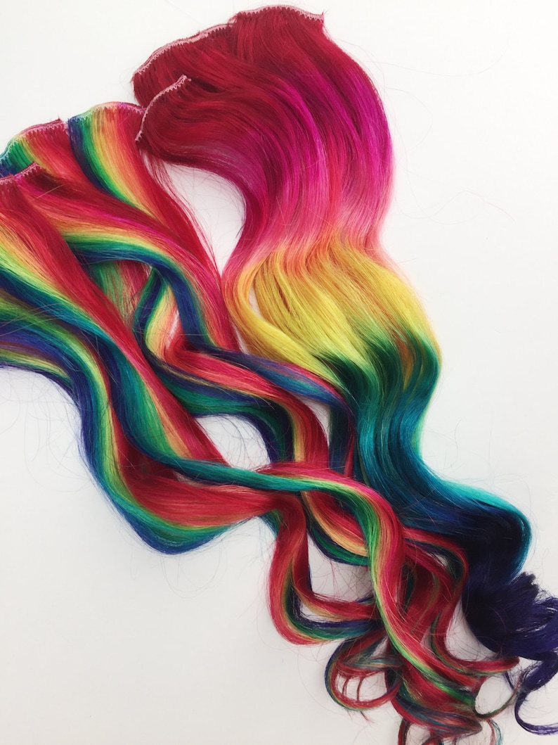 Rainbow Human Hair Extensions. Colored Hair Extension Clip, Hair Wefts, Clip in Hair, Tie Dye Hair Extensions, Dip Dyed Hair image 1