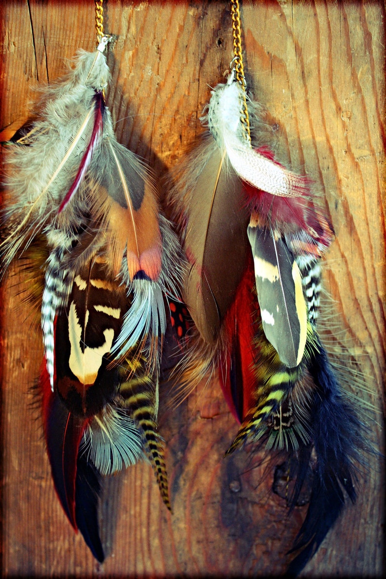 Red long feather earrings, valentines day, festival sexy feather earrings, grizzly earrings, black feathers 画像 5