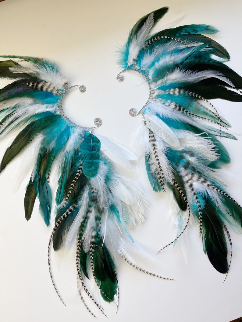 Large White and Turquoise Feather Ear Cuff, Bridesmaid Jewelry, Peacock ...