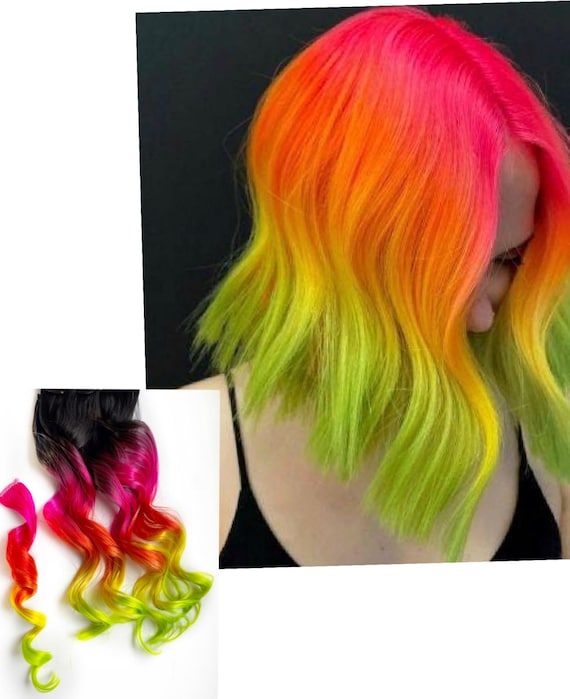 Neon Green, Coral and Orange Clip in Hair Extensions, Ombre  display picture 1