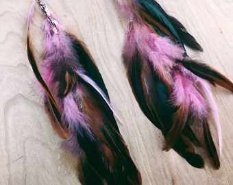Handmade Single Chain Feather Hair Extension Clip, Pink, Hair Feathers, Iridescent Hair Tinsel 12" long, or single feather earring