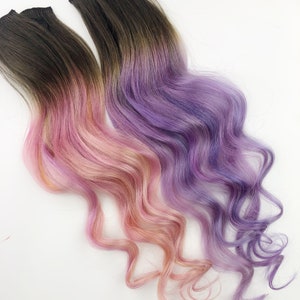 淡い藤色、落ち着いたローズ色のヘアエクステンション、クリップ式のパステルカラーのヘアエクステンション、ラベンダー色のユニコーンマーメイドヘア、ピンクのヘアクリップ、人毛、テープイン