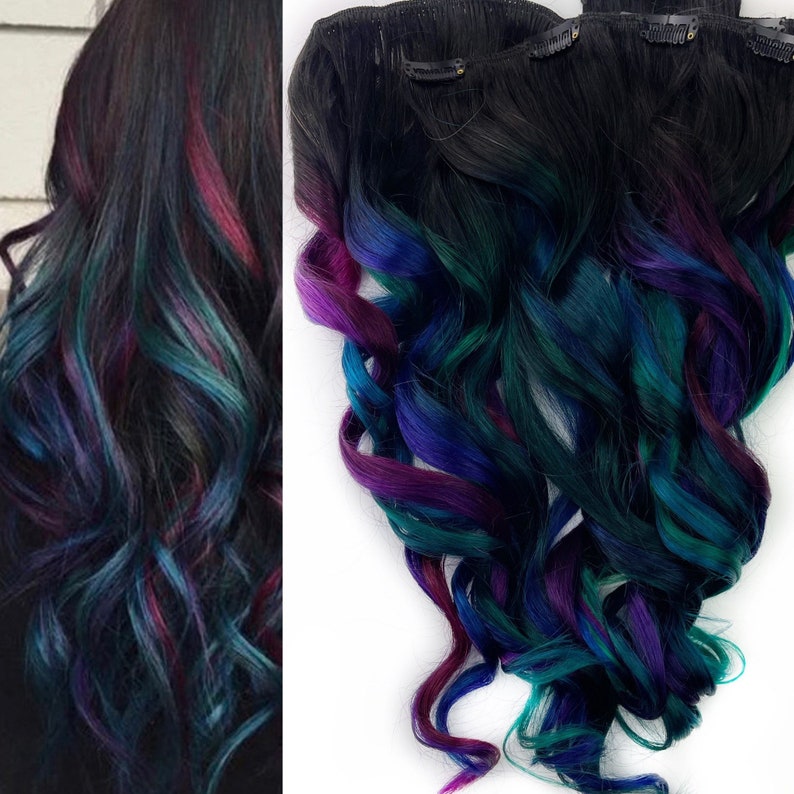 Oil slick hair extensions, oil slick hair color, teal, purple Human Hair Weave, Full Set Bundle, Clip in hair extensions, tape ins, wefts image 5