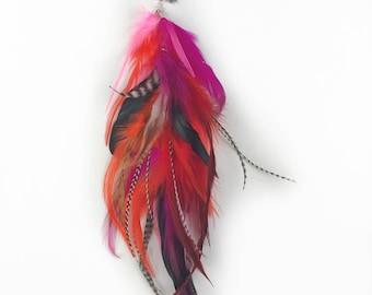 Handmade Feather Hair Extension, Single Feather Earring, Feather Earrings, Long Feathers, Festival Accessories, Pink, Orange