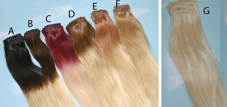 May include: Seven different shades of ombre hair extensions with clips. The shades are black to blonde, brown to blonde, burgundy to blonde, light brown to blonde, light blonde to blonde, blonde to blonde, and platinum blonde.