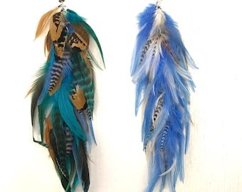 Natural Extra Long Chain Feather Hair Extension Clip, 13 inches, or Single Feather Earring, Grizzly Feathers