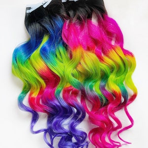 Pastel Prism Rainbow Clip In Hair Extensions, Pink Ombre Hair,  Tie Dye Tips,  Hair Wefts, Human Hair Extensions, tape in rainbow hair