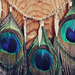 Peacock Feather Necklace with Metal Feather Charms, Hippie Feather Necklace, Aztec, Bohemian, Peacock Wedding image 4