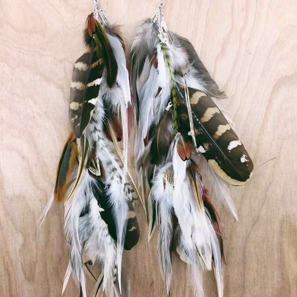 Pince à cheveux en plumes naturelles, 12 pouces, extension de cheveux en plumes à chaîne extra longue - Plumes grizzly naturelles, plumes de coq