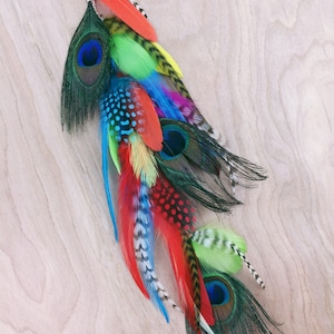 Long Colorful Chain Peacock, Rooster Feather Earring or Hair Clip-14 inches long-YOU CHOOSE- Feather Symbolsim