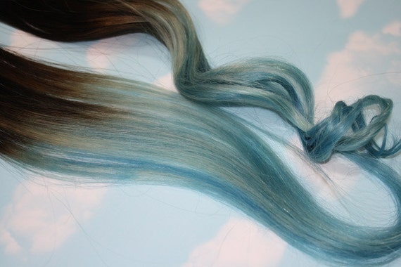 Light Blue Dip Dyed Hair Extensions For Brunette Hair 20 22 Inches Long Clip In Hair Extensions Hippie Hair Pastel Festival Hair