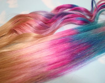 Handmade Ombre, Pastel Tie Dye Tips, Human Hair Extensions. Colored Hair Extension Clip, Hair Wefts, Clip in Hair, Dip Dyed Hair