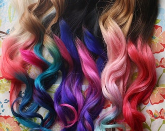 CUSTOM Ombre Dip Dyed Hair, Clip In Hair Extensions, Tie Dye Tips, Brunette Hair, Hair Wefts, Human Hair Extensions, Hippie hair