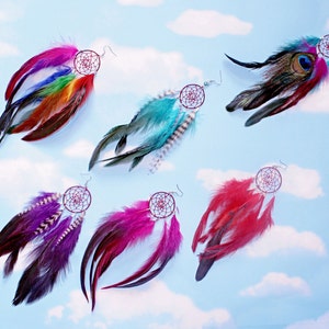 Handmade Dream Catcher Feather Earring SET Extra Long 8-9 inches, You Choose Feather Symbolism, Grizzly Rooster Hair Feathers image 1