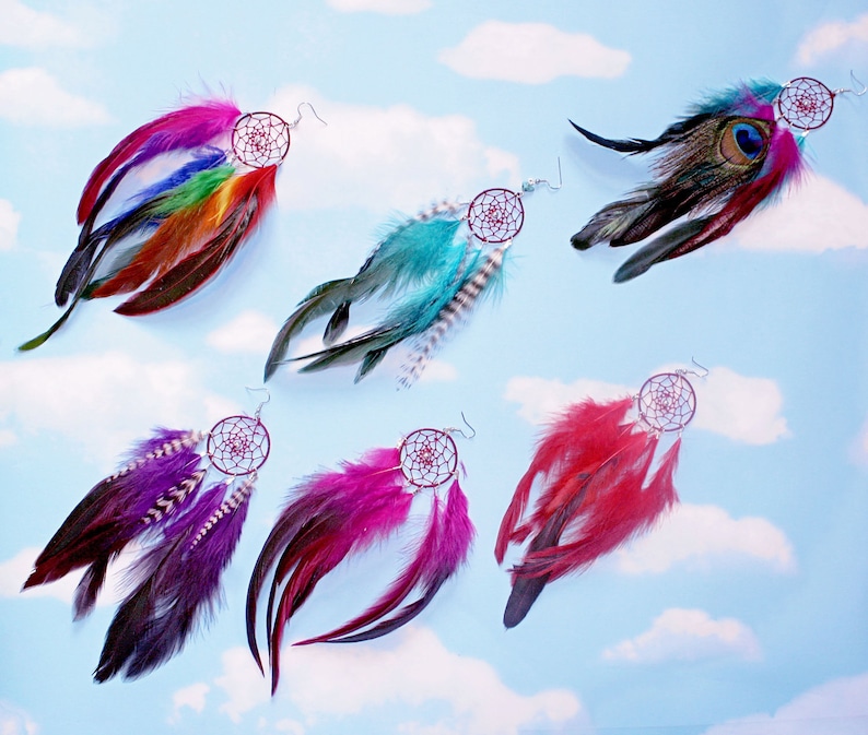 Handmade Dream Catcher Feather Earring SET Extra Long 8-9 inches, You Choose Feather Symbolism, Grizzly Rooster Hair Feathers image 1