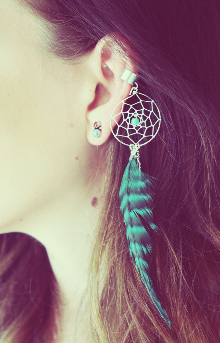 Handmade Silver Ear Cuff, Teal Dream Catcher Ear Cuff, Feather Ear Cu…