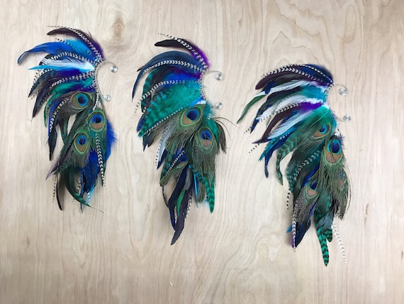 Handmade Feather Ear Cuff With chain extension, Bridesmaid jewelry, Peacock Feather, peacock wedding, bridesmaid hair, bohemian ear cuff