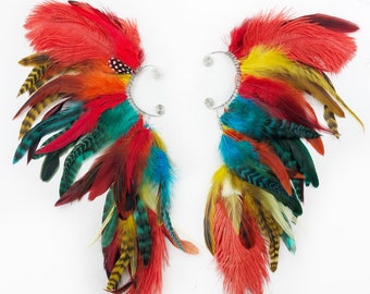 Tropical feather ear cuff with chain extension, hei hei costume, parrot costume, burning man ear cuff, Festival cosplay red feathers