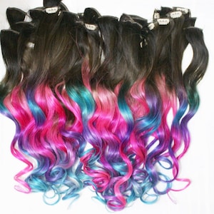 Ombre Dip Dyed Hair, Clip In Hair Extensions, Tie Dye Tips, Brunette Hair, Hair Wefts, Human Hair Extensions, Hippie hair