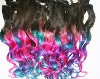 Ombre Dip Dyed Hair, Clip In Hair Extensions, Tie Dye Tips, Brunette Hair, Hair Wefts, Human Hair Extensions, Hippie hair