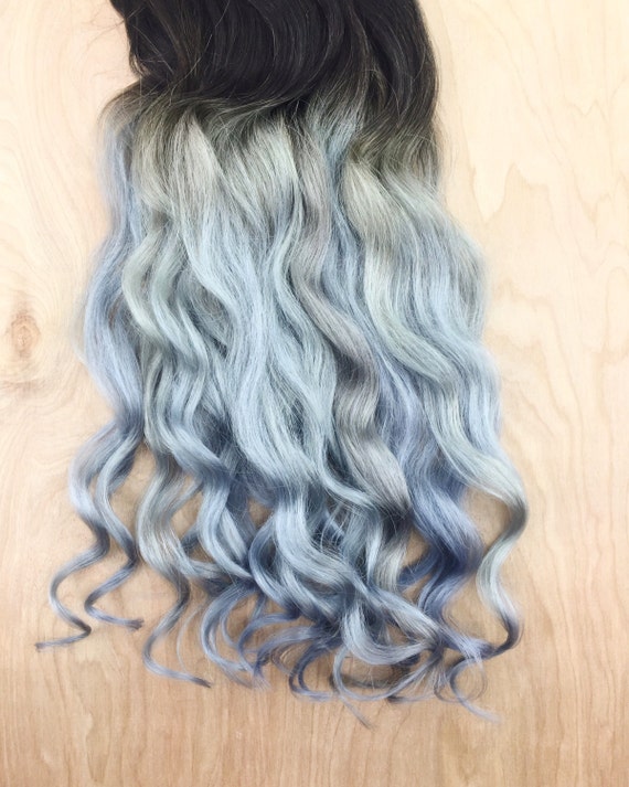 Blue Grey Ombre Hair Extensions, Silver Hair, Grey Hair Extensions, Gray  Ombre Hair, Human Hair Extensions, Full Set 