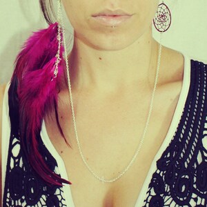 Fuchsia Dream Catcher Feather Earlace, silver chain, earring, necklace, long feather earring, chain earring, hippie, pink, Valentine's Day image 3