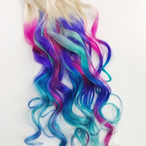 ピンク、紫、青のクリップインヘアエクステンション、テープインヘア、オンブルカラーヘア、青髪、紫髪、レインボーヘアクリップ、ライトブルーヘア