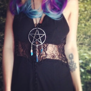 Handmade Druzy Point Necklace, Large Pentagram Hoops, pentagram necklace, pentacle necklace, dreamcatcher, Quartz crystal druzy necklace