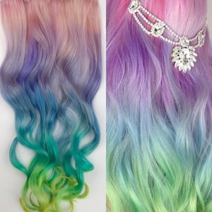 Unicorn Hair extensions, clip in pastel hair extensions, full set unicorn mermaid hair, pink hair clips, human hair,