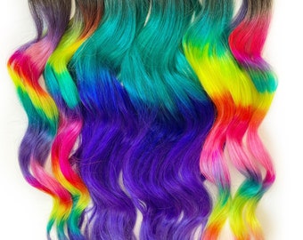 Pastel Prism rainbow, Purple and teal clip in hair extensions,  Hair Wefts, Human Hair Extensions, tape in rainbow hair, bundles