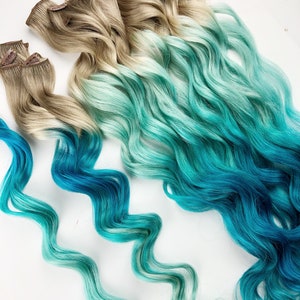 Teal Hair, Green Hair, Ombre Dip Dyed Hair, Clip In Hair Extensions, Mermaid Hair, Blue Hair,  Hair Wefts, Human Hair Extensions, Bundle
