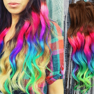 Neon Dream Clip In Hair Extensions, Ombre Hair, Tie Dye Tips, Hair Wefts, Human Hair Extensions, Hippie hair image 1