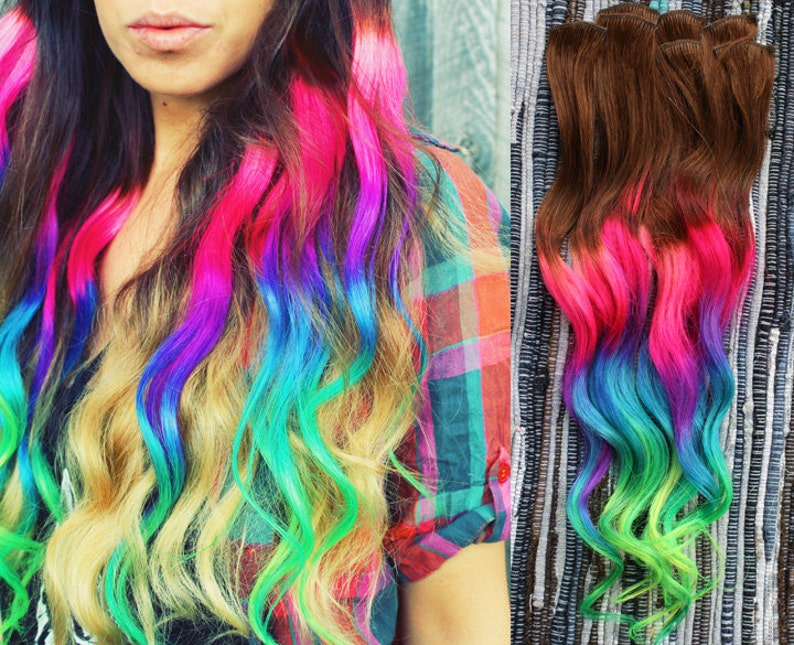 Neon Dream Clip In Hair Extensions, Ombre Hair, Tie Dye Tips, Hair Wefts, Human Hair Extensions, Hippie hair image 1