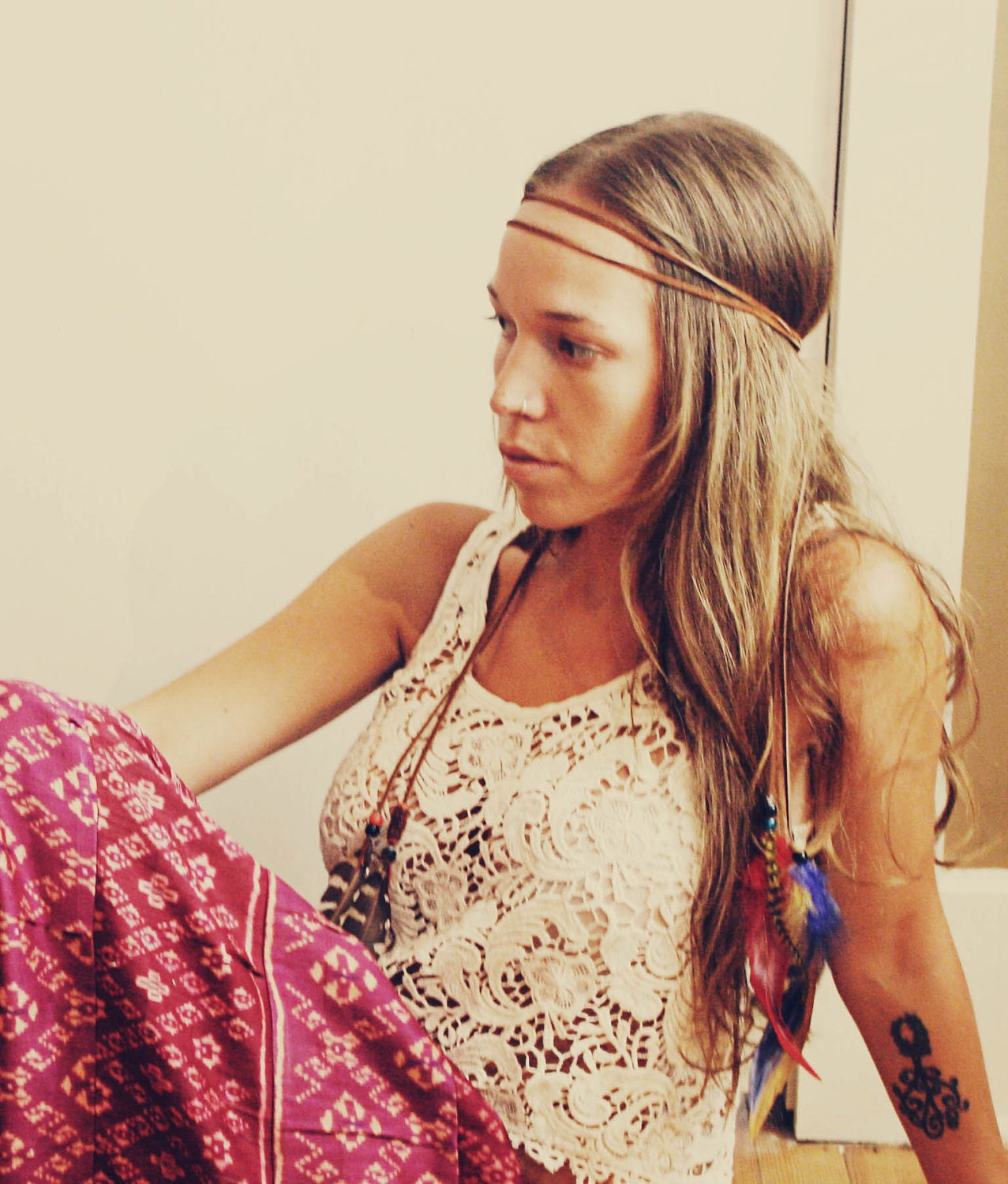 Handmade Brown Leather Hippie Feather 