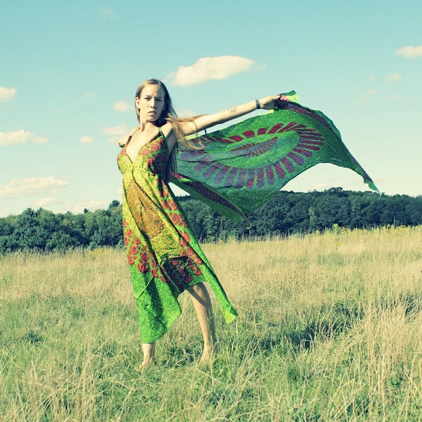 Handmade Green Hippie Dress, Bohemian, Maxi, Organic, Tapestry, Sundress, Scarf Dress, Chakra, Fairy Dress-XS, Small