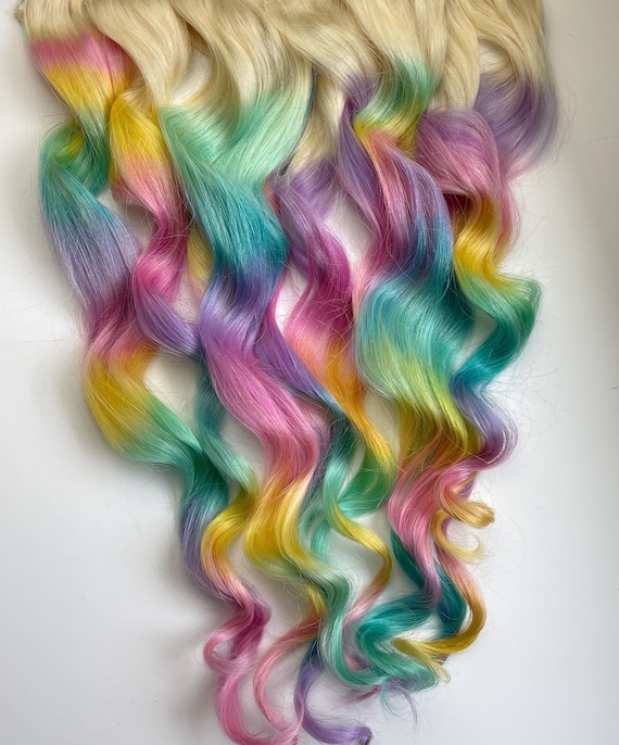 Mermazing Rainbow Colored Double Drawn Clip in Remy Human Hair Extensions Rainbow Human Hair Extensions. Colored Hair Extension Clip  main image 3