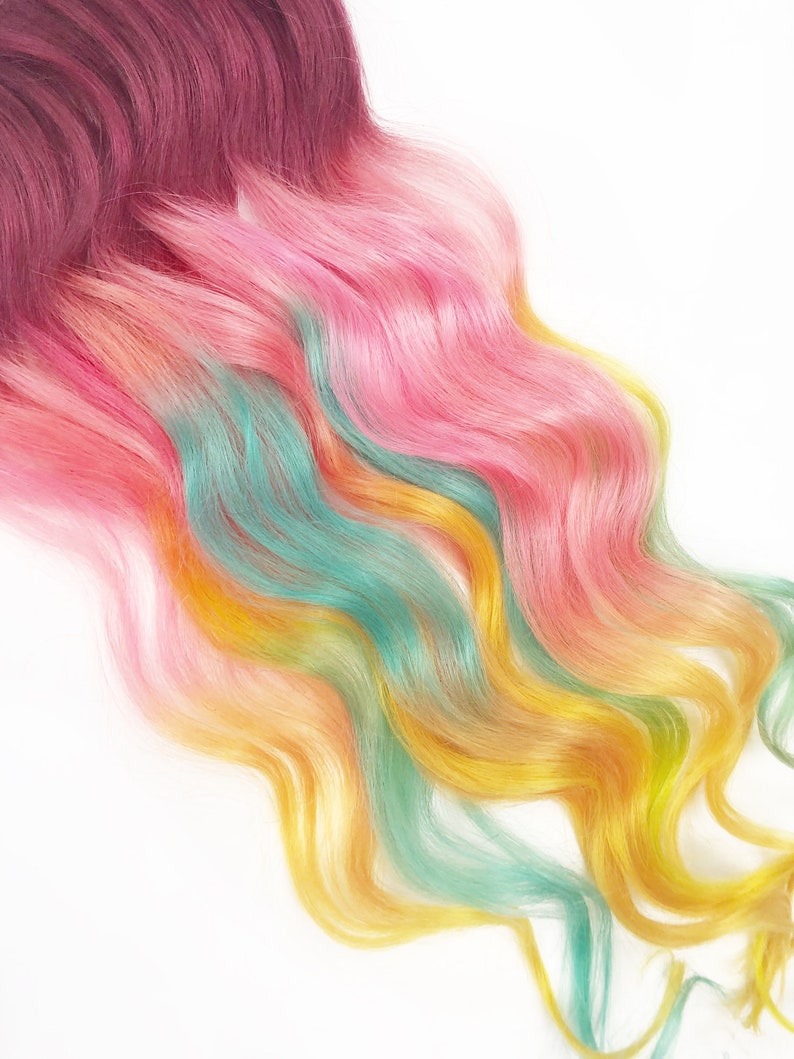 Ice cream hair, red burgundy hair extensions, red base sherbet colors, pastel rainbow hair, hair clip ins extensions or wefts image 1