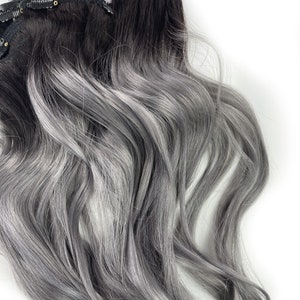 5 Star Seller, Black to Grey Ombre Hair Extensions, Silver Hair, Grey Hair Extensions, Gray Ombre Hair, human hair extensions, full set image 3