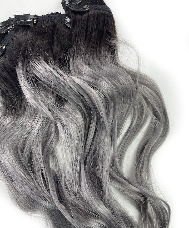 5 Star Seller, Black to Grey Ombre Hair Extensions, Silver Hair, Grey Hair Extensions, Gray Ombre Hair, human hair extensions, full set image 3