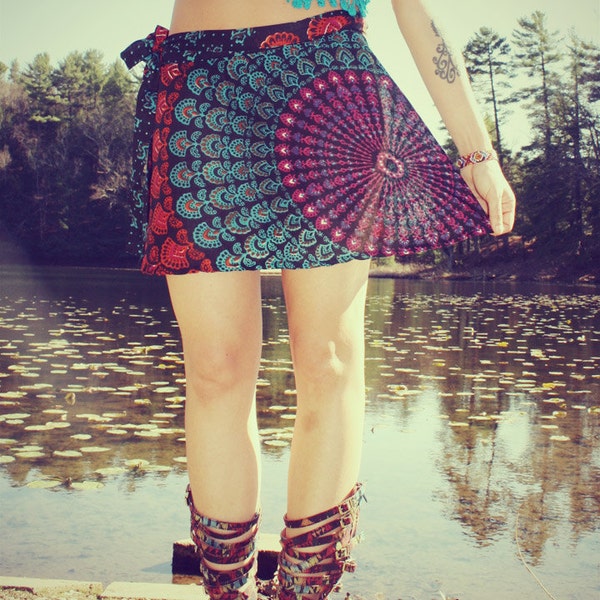 Mini Wrap Skirt, Peacock Hippie Skirt, Cover-Up, Boho, Gypsy, Moon Sunburst, Peacock Print, Skirt, Bohemian, Festival Skirt, Small