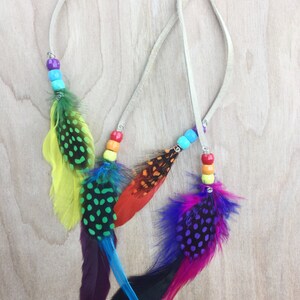 Handmade Leather Hippie Feather Headband, Tie Headband Rainbow Feathers-Wear It Many Different Ways, Feather Extensions image 2