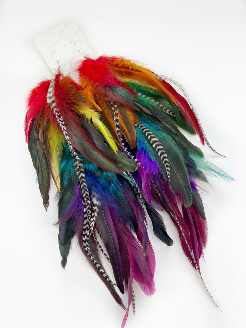 Dark gem classic rainbow feather earrings, pride earrings, long feather colorful rainbow earring, hair clip image 1