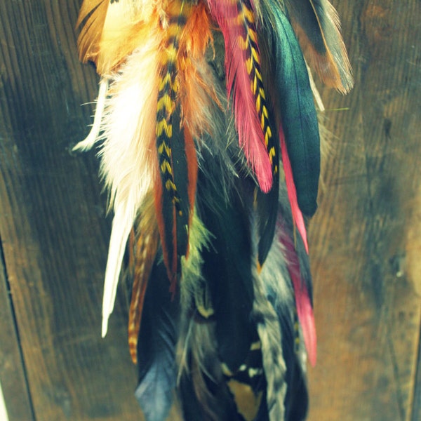 Dream Wolf-Handmade Natural Extra Long Chain Feather Hair Extension Clip, 13 inches, or Single Feather Earring, Grizzly Feathers