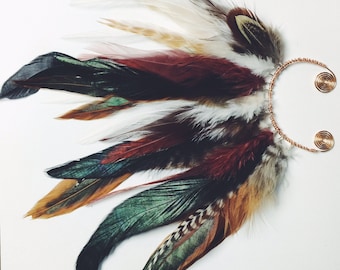 Handmade Ear Cuff, Clip on earring, Bohemian Ear Feathers, Festival Hair Accessory, Peacock Ear Cuff, Tribal Feather Earrings