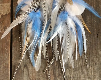 Blue and White Feather Earrings, Natural Feather Earrings, 12 Inches Long, Natural Feather Hair Extensions, Long feather single earring.