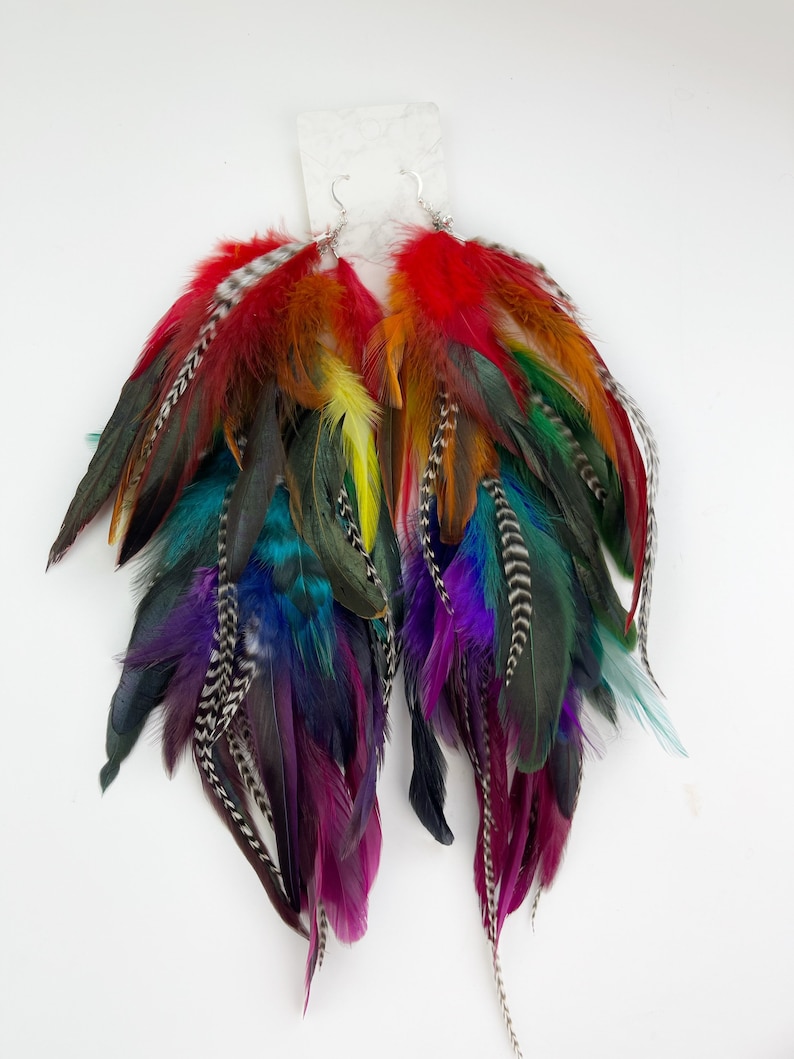 Dark gem classic rainbow feather earrings, pride earrings, long feather colorful rainbow earring, hair clip image 2