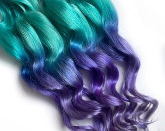 Extension per capelli con clip viola e verde acqua, capelli ombré, menta, viola, punte tie-dye, trame per capelli, extension per capelli umani, capelli da sirena