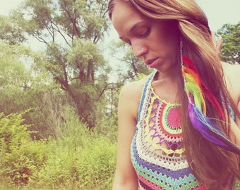 Double Rainbow, Extra Long Single Chain Feather Earring-Hair Extension--12 inches long, NEW iridescent Hair Tinsel- Symbolism
